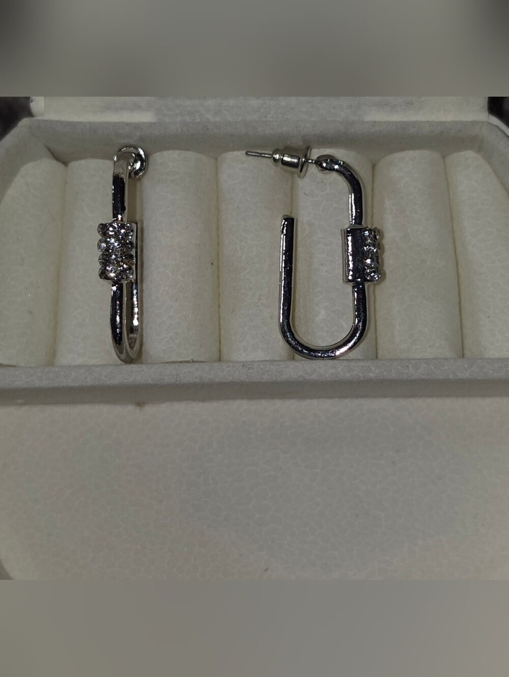 Silver Carabiner Lock Earrings with Cubic Zirconia Accents BNIB
